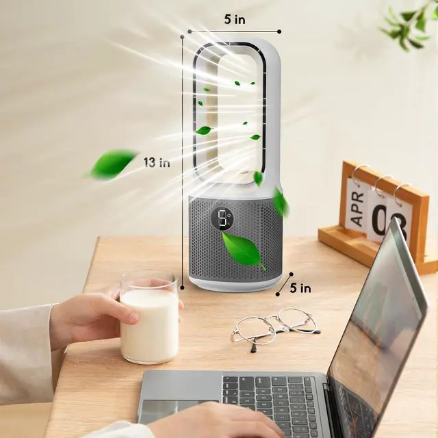 Alt view image 4 of 7 - Desk Fans Small Quiet, 13 Inch Bladeless Table Fan, 5 Speeds for Powerful Airflow, 70° Oscillating Fan with Night Light and Timer, Desktop Cooling Fan for Bedroom, Office, Nightstand