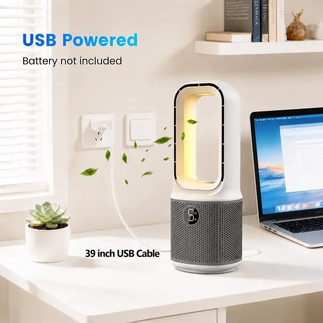 Alt view image 5 of 7 - Desk Fans Small Quiet, 13 Inch Bladeless Table Fan, 5 Speeds for Powerful Airflow, 70° Oscillating Fan with Night Light and Timer, Desktop Cooling Fan for Bedroom, Office, Nightstand