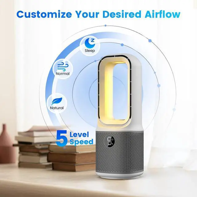 Alt view image 2 of 7 - Desk Fans Small Quiet, 13 Inch Bladeless Table Fan, 5 Speeds for Powerful Airflow, 70° Oscillating Fan with Night Light and Timer, Desktop Cooling Fan for Bedroom, Office, Nightstand