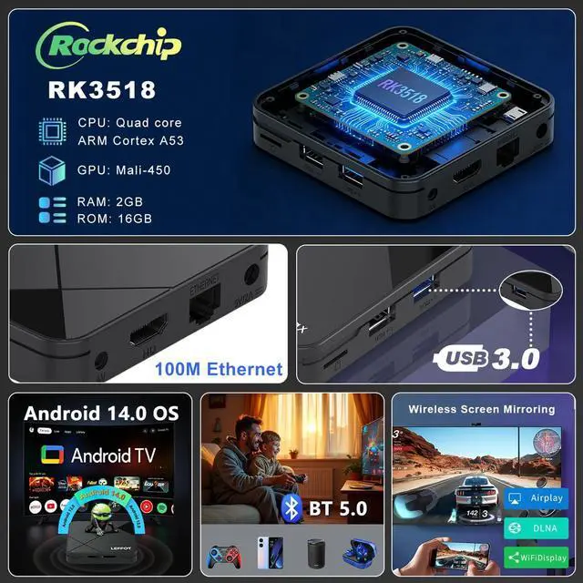 Alt view image 6 of 7 - Android 14.0 TV Box 2026, 2GB RAM + 16GB ROM, LEFFOT 4K Ultra HD Home Streaming Device for TV, Support Voice Remote, WiFi 6, BT 5.4, 100M Ethernet, RK3518 Quad-Core A53 CPU