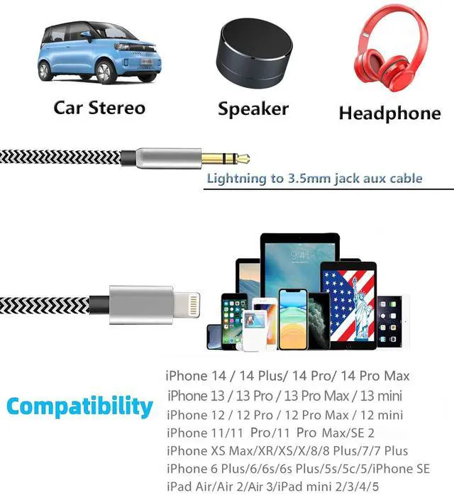Alt view image 5 of 7 - Apple MFi Certified Aux Cord for iPhone, Lightning to 3.5mm Jack Nylon Braided Audio Cable for iPhone 14 13 12 11 XS XR X 8 7 6 iPad to Car/Home Stereo/Headphone/Speaker, Headphone