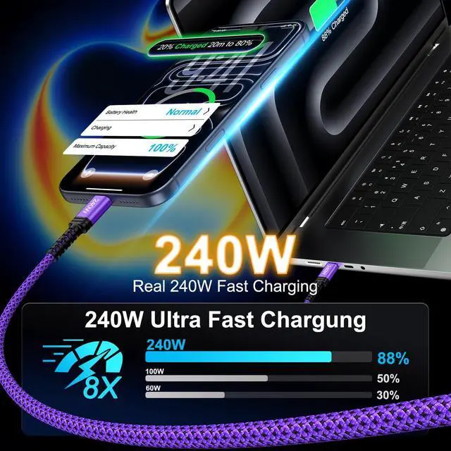 Alt view image 2 of 7 - for iPhone 17e 17 Pro Max Air, 240W USB C to C Charger Cable 10ft for iPhone 17e 17 Air 17 Pro 16e 16 15 Pro Max Plus,Fast Charging Type C Cord Long USB-C Cable for MacBook Pro/Air,Samsung Galaxy S26