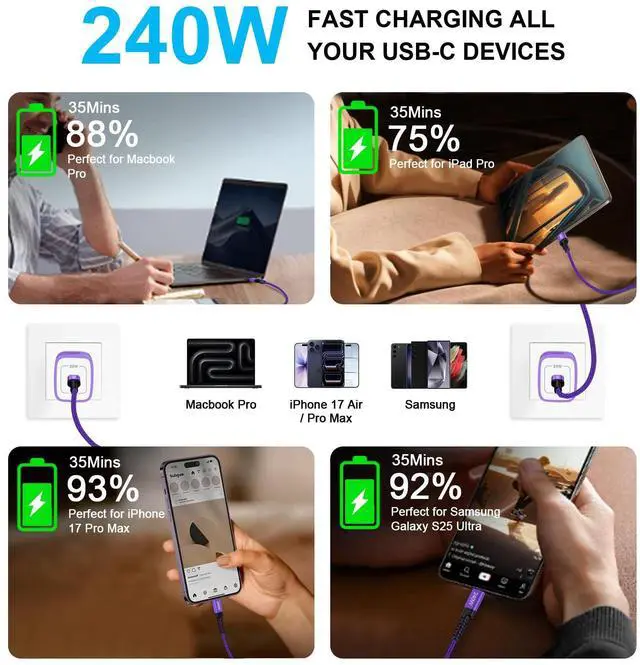 Alt view image 3 of 7 - for iPhone 17e 17 Pro Max Air, 240W USB C to C Charger Cable 10ft for iPhone 17e 17 Air 17 Pro 16e 16 15 Pro Max Plus,Fast Charging Type C Cord Long USB-C Cable for MacBook Pro/Air,Samsung Galaxy S26