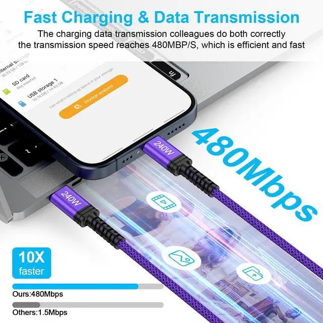 Alt view image 5 of 7 - for iPhone 17e 17 Pro Max Air, 240W USB C to C Charger Cable 10ft for iPhone 17e 17 Air 17 Pro 16e 16 15 Pro Max Plus,Fast Charging Type C Cord Long USB-C Cable for MacBook Pro/Air,Samsung Galaxy S26