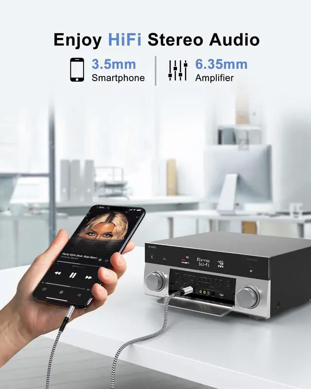 Alt view image 6 of 7 - 6.35mm to 3.5mm Audio Cable, Braided 1/4" TRS Male to 1/8" Male Adapter Cord, 6.6FT Bidirectional Stereo Aux for iPhone Electric Guitar Headphone Speaker Piano Amplifier Home Theater Mixing Console