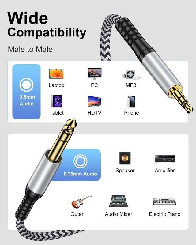 Alt view image 7 of 7 - 6.35mm to 3.5mm Audio Cable, Braided 1/4" TRS Male to 1/8" Male Adapter Cord, 6.6FT Bidirectional Stereo Aux for iPhone Electric Guitar Headphone Speaker Piano Amplifier Home Theater Mixing Console
