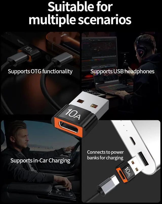 Alt view image 6 of 7 - USB to USB C Adapter 4 Pack,10A 200W Fast Charging USB2.0 480Mbps Data Transfer,USB C Female to A Male Charger Converter for Ma-cBook Pad Phone 17/16/15 Ga-laxy Xp-eria Smartphone Laptop Tablet Black