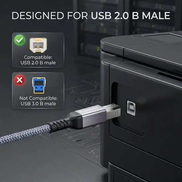 Alt view image 3 of 7 - USB Printer Cable 10 ft, HP Printer Cable, USB 2.0 Type A Male to B Male, Compatible with HP, Canon, Epson, Brother, Dell, Lexmark, Xerox, Samsung, Piano, DAC & Audio Interface - Space Grey