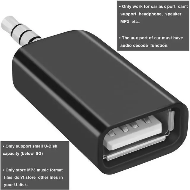 Alt view image 4 of 7 - 2 Pack AUX to USB Adapter, USB A Female to 3.5mm Male Audio Converter Jack Plug for USB Flash Drive U-Disk to Connect Car CD Player, Only Work for Car Auxiliary Port - Black+White