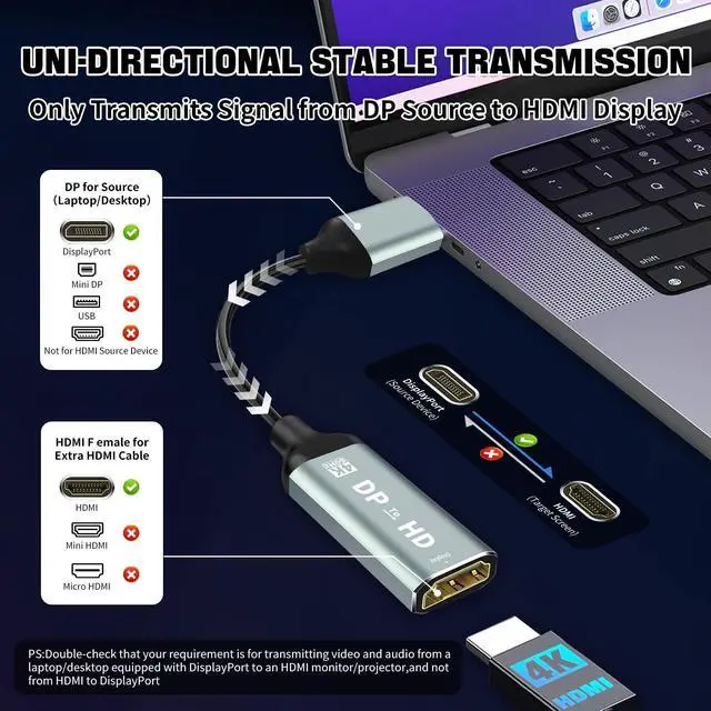 Alt view image 3 of 7 - 4K Display Port to HDMI Adapter, Uni-Directional Display Port Computer to HDMI,Plug & Play Converter with Audio & Video Sync for HDTV/Monitor/Projector/PC, Durable Gold-Plated Connectors