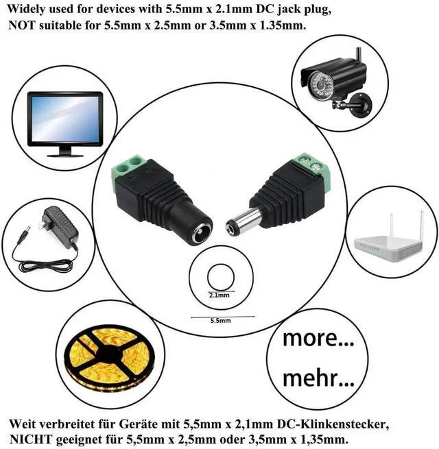 Alt view image 4 of 6 - 5.5mm x 2.1mm DC Barrel Jack Connector - 12V/5V-24V Adapter with Female Socket & Male Plug - DIY DC Terminal Connector for CCTV Camera, LED Strip Light & More (5 Female + 5 Male)