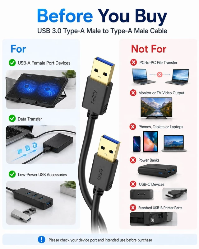 Alt view image 5 of 7 - USB to USB Cable 3.3FT, USB3.0 Type A to Type A Male to Male Cord 5Gbps Data Transfer for Laptop Cooling Pad, Hard Drive Enclosure, Hub, KVM Switch, Not for PC to PC or Video