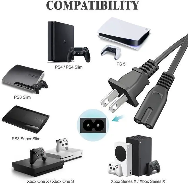 Alt view image 2 of 7 - 6Ft AC Power Cord for Sony PS5 PS4, Xbox One S/X, Xbox Series X/S, TV, Universal IEC C7 Figure 8 2 Prong Replacement Cable