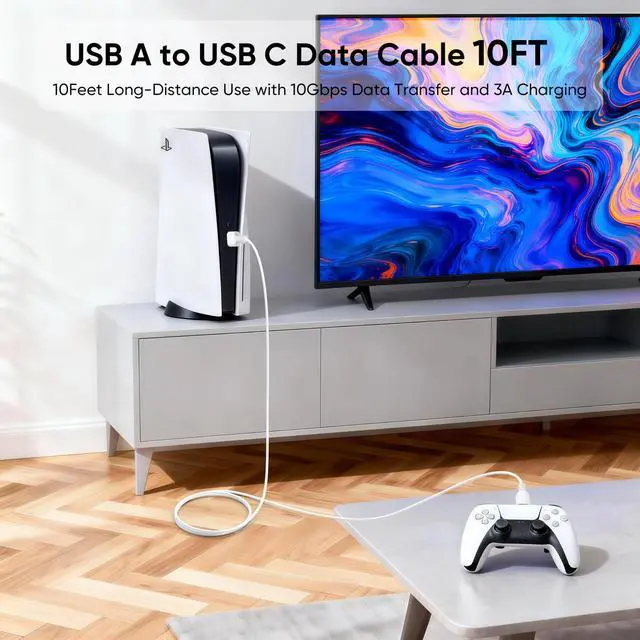 Alt view image 2 of 7 - USB A to USB C Data Cable 10ft, USB 3.2 Gen 2 Type A to C 10Gbps Data Transfer & 3A Fast Charging Cord, Braided USB to Type C Cable for Xbox PS5 Controller iPhone 17/16/15 Android Phones Laptop SSD