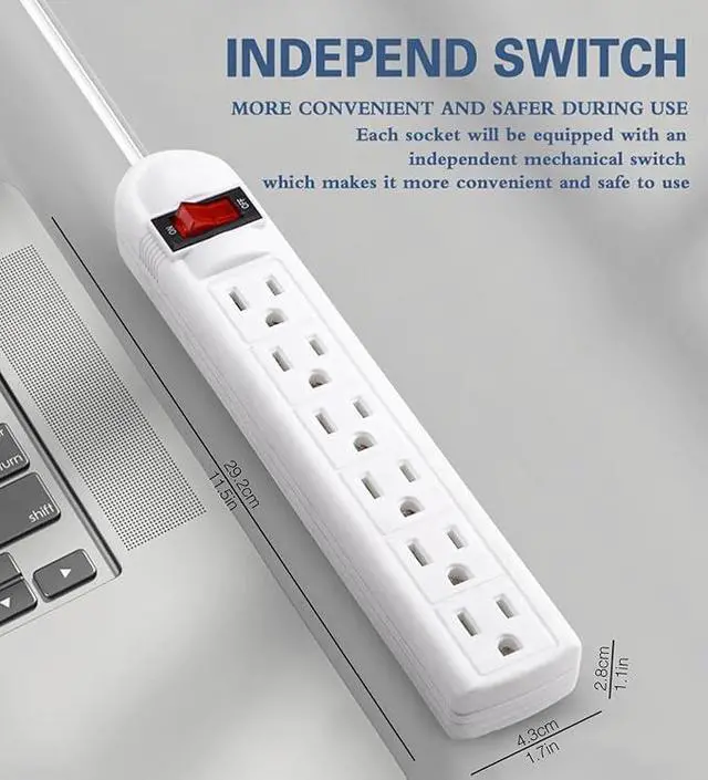 Alt view image 2 of 7 - Extension Cord 6 ft - Long Power Strip Surge Protector, 6 AC Outlet Flat Plug, Wall Mount, Multi Plug Outlet Extender Desk Charging Station for Computer Home Office Dorm Room Essentials (White)