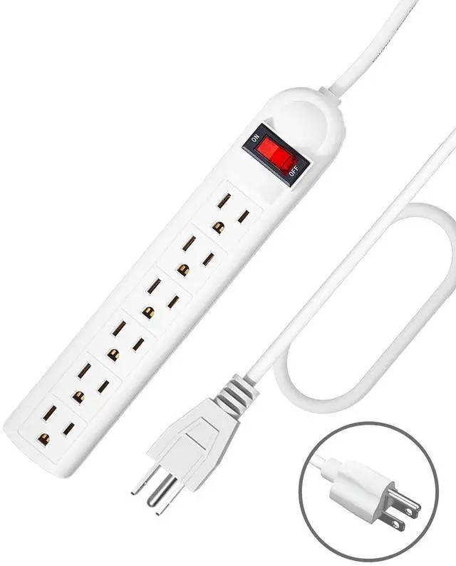 Main image of Extension Cord 6 ft - Long Power Strip Surge Protector, 6 AC Outlet Flat Plug, Wall Mount, Multi Plug Outlet Extender Desk Charging Station for Computer Home Office Dorm Room Essentials (White)
