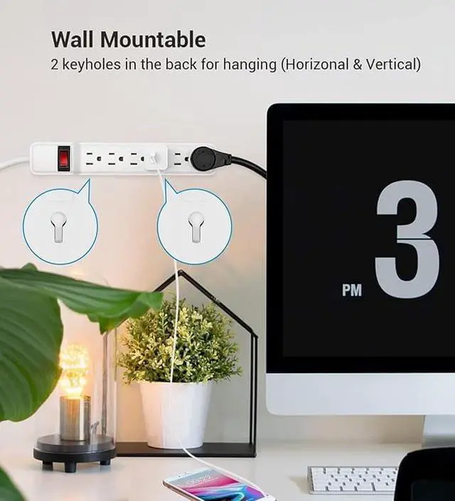 Alt view image 6 of 7 - Extension Cord 6 ft - Long Power Strip Surge Protector, 6 AC Outlet Flat Plug, Wall Mount, Multi Plug Outlet Extender Desk Charging Station for Computer Home Office Dorm Room Essentials (White)