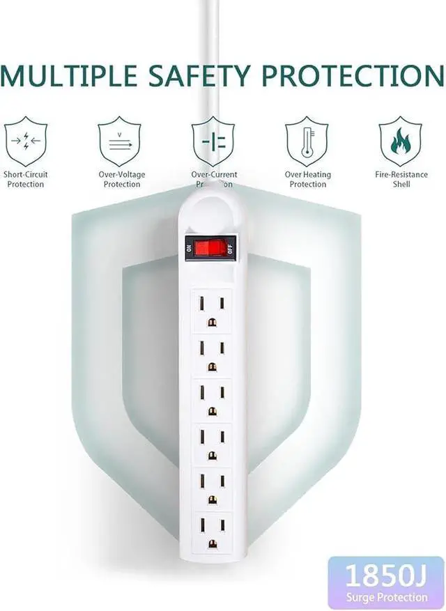 Alt view image 4 of 7 - Extension Cord 6 ft - Long Power Strip Surge Protector, 6 AC Outlet Flat Plug, Wall Mount, Multi Plug Outlet Extender Desk Charging Station for Computer Home Office Dorm Room Essentials (White)