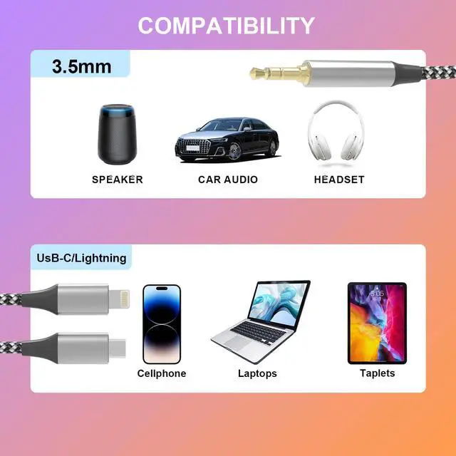 Alt view image 7 of 7 - Apple MFi Certified Aux Cord for iPhone, 2 in 1 USB-C & Lightning to 3.5mm Jack Audio Cable for iPhone 16 15 14 13 12 11 XS XR X 8 7 6 iPad to Car/Home Stereo/Headphone/Speaker (Silver)