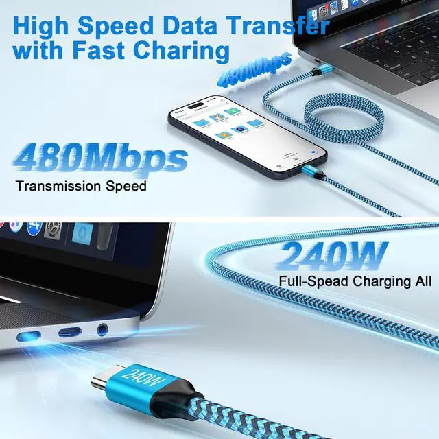 Alt view image 3 of 7 - USB C to USB C Fast Charging Cable 240W Usb-C Charge Cable for iPhone 17 Pro Max/17e/Air/17, 6ft 2Pack Type C Charger Car Power Cord for iPhone 16 Pro Max 16e 15 Plus Samsung Galaxy S26 Ultra S25 Edge