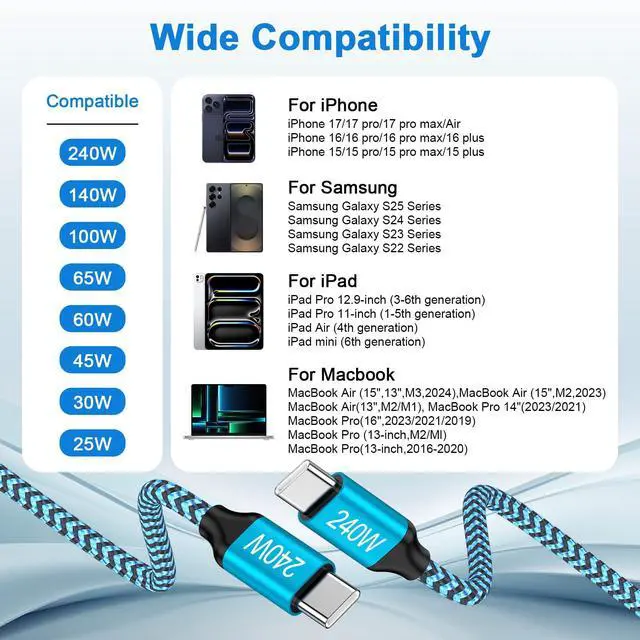 Alt view image 6 of 7 - USB C to USB C Fast Charging Cable 240W Usb-C Charge Cable for iPhone 17 Pro Max/17e/Air/17, 6ft 2Pack Type C Charger Car Power Cord for iPhone 16 Pro Max 16e 15 Plus Samsung Galaxy S26 Ultra S25 Edge