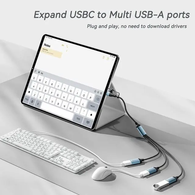 Alt view image 3 of 7 - USB A Type C to Multi USB Cable Adapter(1 FT),USBC TypeA Male Expands 3 Female USB 2.0 Splitter Adapter,MultiPort USB Hub for Laptop,PC,MacBook,iPhone 16 15,iPad(Aluminum,Grey)