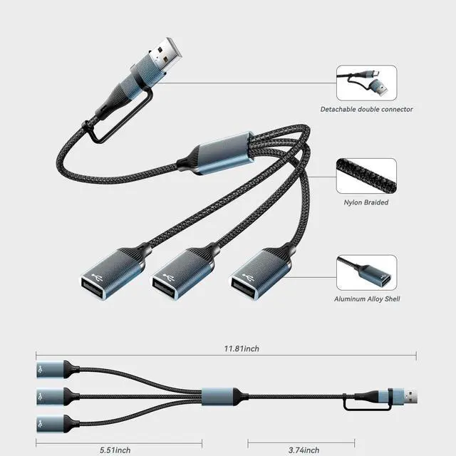 Alt view image 7 of 7 - USB A Type C to Multi USB Cable Adapter(1 FT),USBC TypeA Male Expands 3 Female USB 2.0 Splitter Adapter,MultiPort USB Hub for Laptop,PC,MacBook,iPhone 16 15,iPad(Aluminum,Grey)