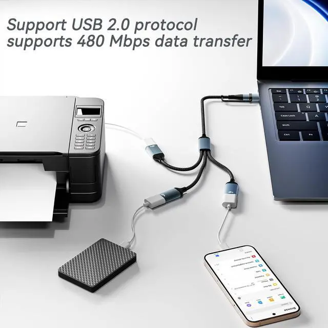 Alt view image 5 of 7 - USB A Type C to Multi USB Cable Adapter(1 FT),USBC TypeA Male Expands 3 Female USB 2.0 Splitter Adapter,MultiPort USB Hub for Laptop,PC,MacBook,iPhone 16 15,iPad(Aluminum,Grey)