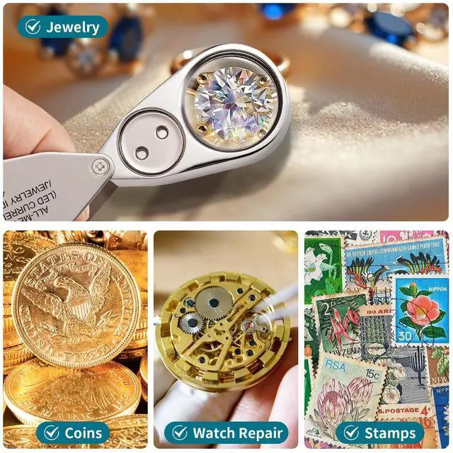 Alt view image 2 of 7 - 40X Jewelers Loupe Magnifier with Metal Construction, LED/UV Illuminated Magnifying Glass Foldable for Gems, Jewelry, Coins, Stamps
