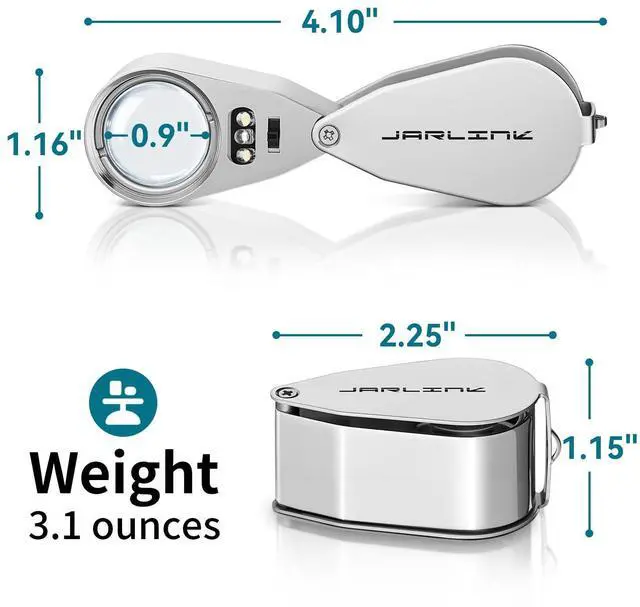 Alt view image 6 of 7 - 40X Jewelers Loupe Magnifier with Metal Construction, LED/UV Illuminated Magnifying Glass Foldable for Gems, Jewelry, Coins, Stamps