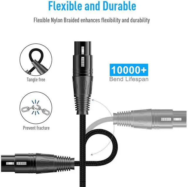 Alt view image 3 of 6 - XLR Microphone Cable Male to Female 3 Pin Nylon Braided for Studio Recording and Live Production 6 Feet/2M, Black