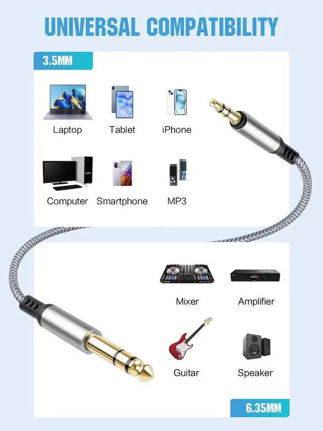 Alt view image 2 of 7 - 2 Pack 3.5mm to 6.35mm Audio Cable 1/8 to 1/4 TRS Stereo Cable Guitar Stereo Audio Male Cable with Nylon Braided Cord for Laptop Home Theater Equipment Speakers and Amplifiers 6.6ft Silver