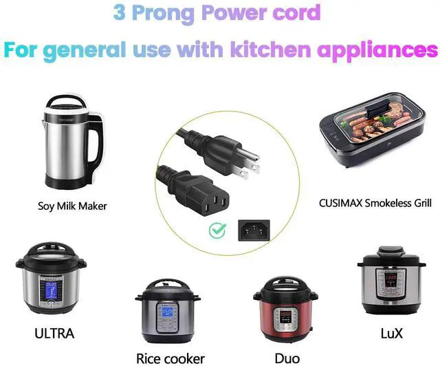 Alt view image 2 of 7 - 3 Prong AC Power Cord Cable Compatible with IPowerXL Smokeless Grill, Rice Cooker, Power Quick Pot, Soy Milk Maker, and More Kitchen Appliances (3 FT 10 Amps 125 Volts 10A 125V 18AWG)
