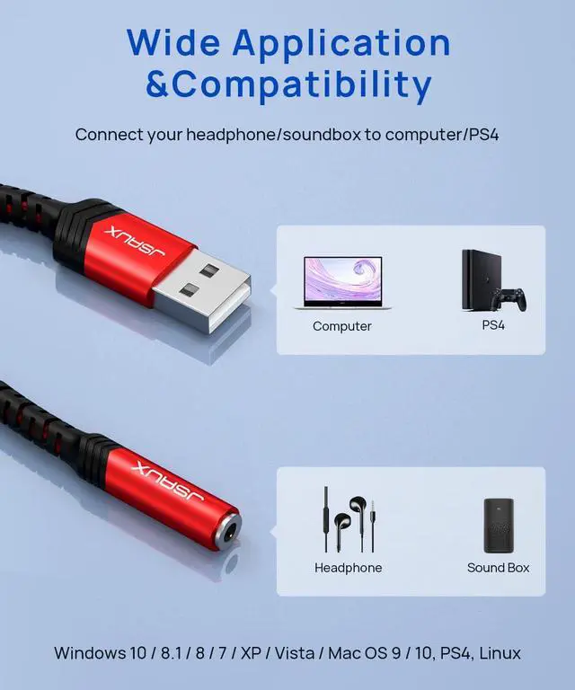 Alt view image 7 of 7 - USB to 3.5mm Jack Audio AdapterUSB to Audio Jack Adapter Headset TRRS 4-Pole Female, External Stereo Sound Card for Headphone, Mac, PS4, PC, Laptop, Desktops and More -Grey/0.6FT
