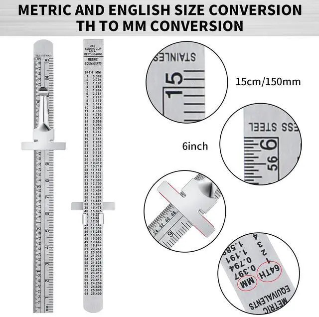 Alt view image 2 of 6 - 2 Pieces 6 Inch 15 cm Pocket Ruler Flexible Precision Stainless Steel Ruler with Detachable Clips Stainless Steel Pocket Clip Scale Gauge Metric British System