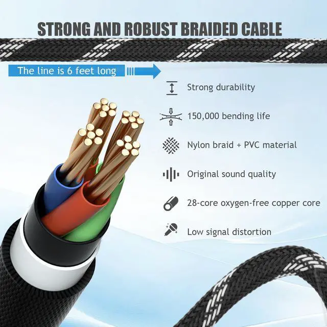 Alt view image 2 of 7 - Pro XLR Cables - 1 Pack: 6ft Quad-Core Twisted Dual-Shielded Nylon-Braided Oxygen-Free Copper (OFC) 3-Pin Male-to-Female Microphone Cables