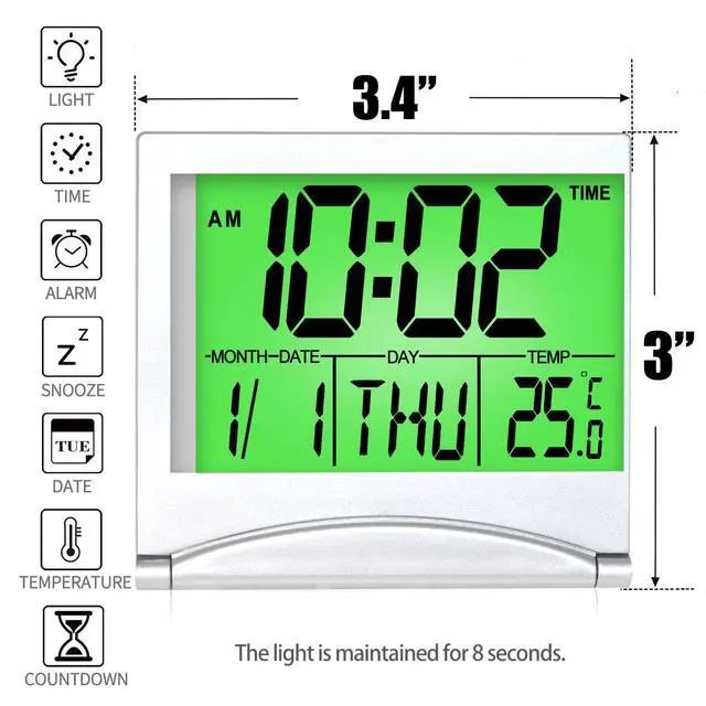 Alt view image 2 of 7 - Digital Travel Alarm Clock with Backlight - Foldable Calendar Temperature Timer LCD Clock with Snooze Mode - Large Number Display, Battery Operated - Compact Desk Clock