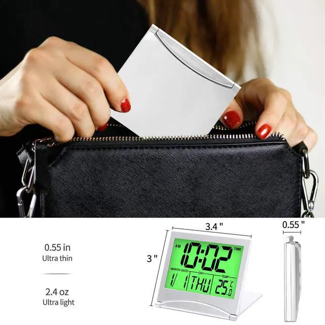Alt view image 6 of 7 - Digital Travel Alarm Clock with Backlight - Foldable Calendar Temperature Timer LCD Clock with Snooze Mode - Large Number Display, Battery Operated - Compact Desk Clock