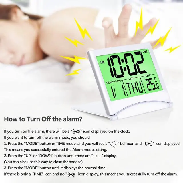 Alt view image 4 of 7 - Digital Travel Alarm Clock with Backlight - Foldable Calendar Temperature Timer LCD Clock with Snooze Mode - Large Number Display, Battery Operated - Compact Desk Clock