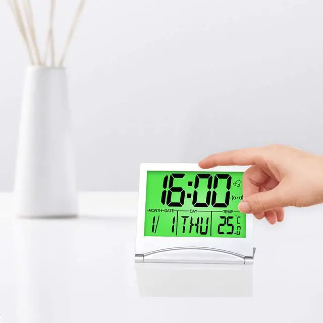 Alt view image 7 of 7 - Digital Travel Alarm Clock with Backlight - Foldable Calendar Temperature Timer LCD Clock with Snooze Mode - Large Number Display, Battery Operated - Compact Desk Clock