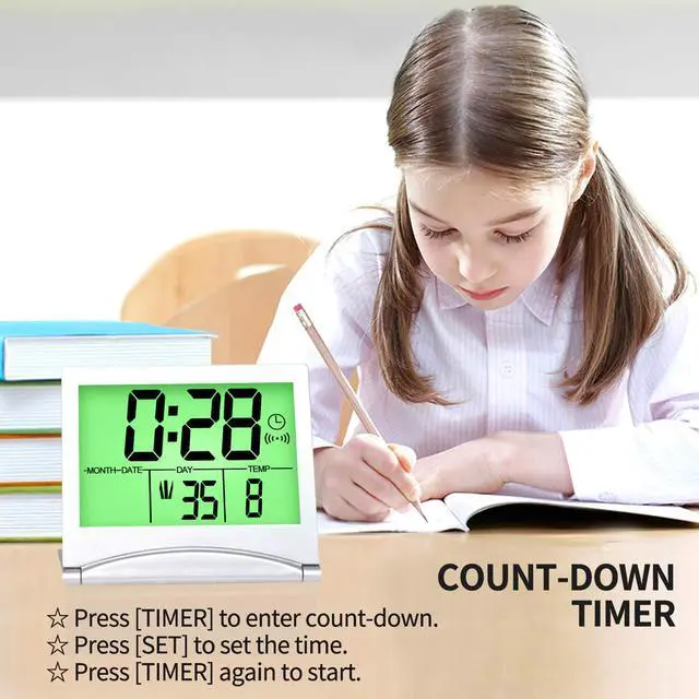 Alt view image 5 of 7 - Digital Travel Alarm Clock with Backlight - Foldable Calendar Temperature Timer LCD Clock with Snooze Mode - Large Number Display, Battery Operated - Compact Desk Clock