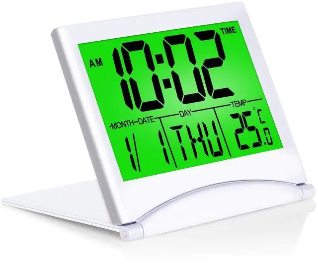Main image of Digital Travel Alarm Clock with Backlight - Foldable Calendar Temperature Timer LCD Clock with Snooze Mode - Large Number Display, Battery Operated - Compact Desk Clock