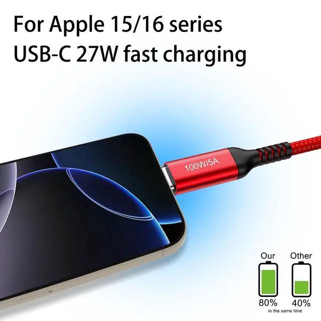 Alt view image 3 of 7 - 15FT Long USB-C to USB-C Cable 100W, Type-C 20V/5A Fast PD Charger Braided Cord for MacBook Pro, iPad Pro/iMac Air/iPhone 15/15 Pro/15 Plus/15 Pro Max, Samsung Galaxy S24 S23,OnePlus 9, Sony PS5,Red
