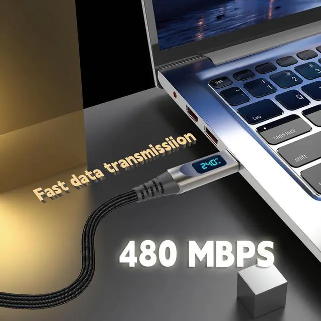 Alt view image 3 of 5 - 240W USB C to USB C Cable with LED Display, 6.6FT PD 3.1 Fast Charging Braided Cable for iPhone 15/16, MacBook, iPad
