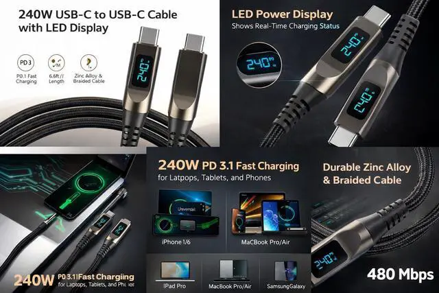 Alt view image 5 of 5 - 240W USB C to USB C Cable with LED Display, 6.6FT PD 3.1 Fast Charging Braided Cable for iPhone 15/16, MacBook, iPad