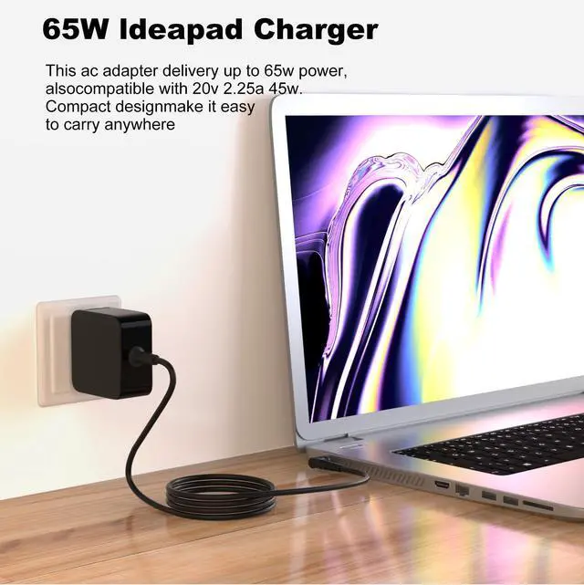 Alt view image 7 of 7 - Laptop Charger for Lenovo Ideapad 1 3 5, Slim 3 5 7, S340 S145 330 320 310, Flex 5 4 14 15, V14 V15 V17, Upgraded Version, Foldable Plug, Charging Light, 65W 45W