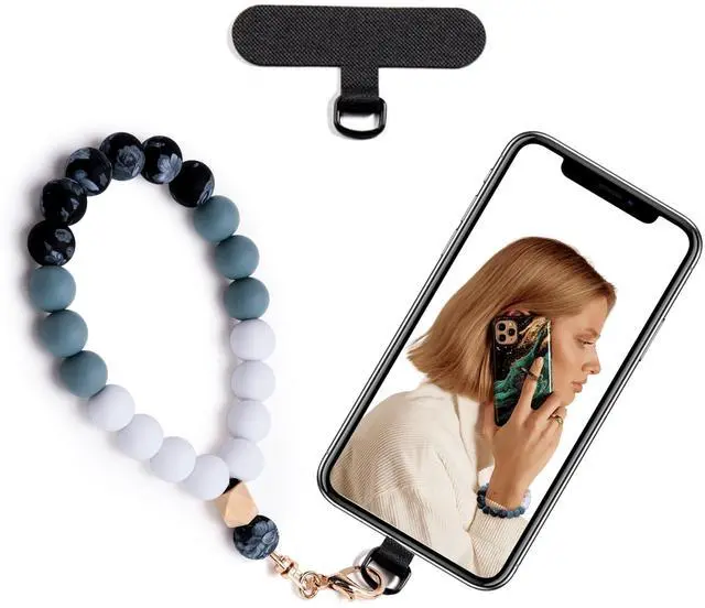 Main image of Silicone Beaded Phone Wrist Strap,phone bracelet strap with Tether Tab,Elastic Hands-Free wristlet strap (Black)