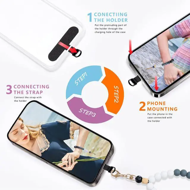 Alt view image 5 of 7 - Silicone Beaded Phone Wrist Strap,phone bracelet strap with Tether Tab,Elastic Hands-Free wristlet strap (Black)