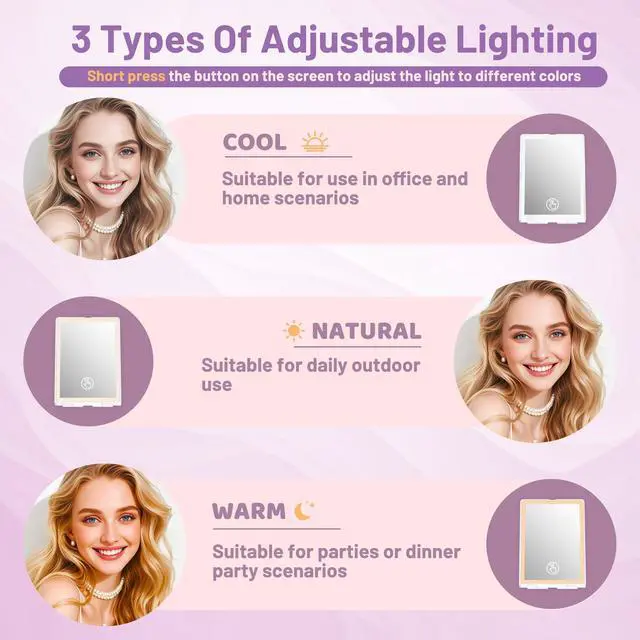 Alt view image 3 of 7 - Travel Makeup Mirror with Lights Valentines Day Gifts for Her, Girlfriend, Wife, Birthday Gifts, Rechargeable Portable Compact Mirror, Lighted Makeup Mirror with 72 LEDs 3 Color Light Modes