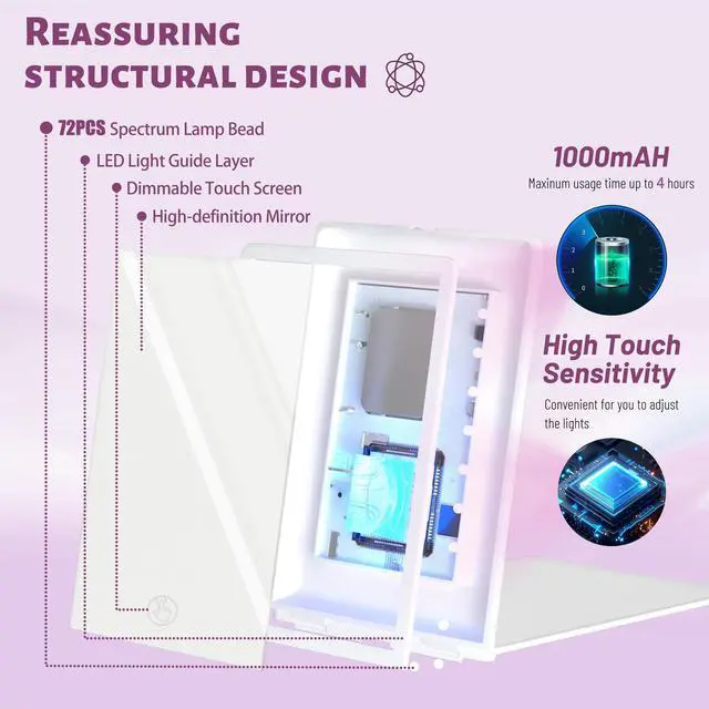 Alt view image 5 of 7 - Travel Makeup Mirror with Lights Valentines Day Gifts for Her, Girlfriend, Wife, Birthday Gifts, Rechargeable Portable Compact Mirror, Lighted Makeup Mirror with 72 LEDs 3 Color Light Modes